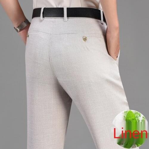 Black Khaki Men Trousers Casual Summer Flat Thin Loose High Waist Linen Pants Business Office Formal Suit Pants For Men