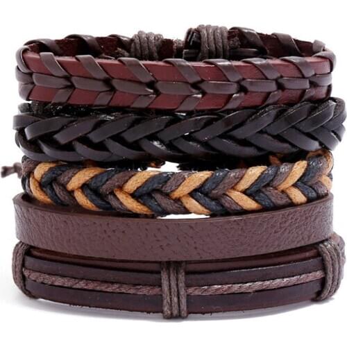 Punk Rock Men Leather Bracelets Set Wristbands Multilayer Handmade Braided Rope Charm Wrap Bangles Vintage Fashion Women Jewelry