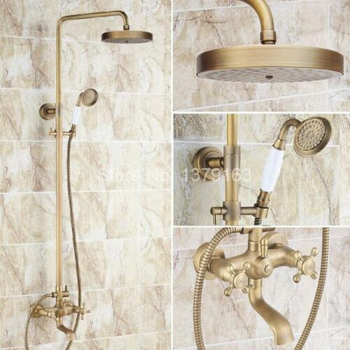 Antique Brass Two Cross Handles Bathroom Rain Shower Faucet Set Tub Mixer Tap + 7.7" Round Rain Shower Head + Handshower ars128