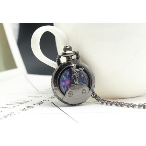 New Fashion Black The little Prince Hollow Color Dial Quartz Pocket Watch Analog Pendant Necklace Mens Womens Kids Gifts reloj