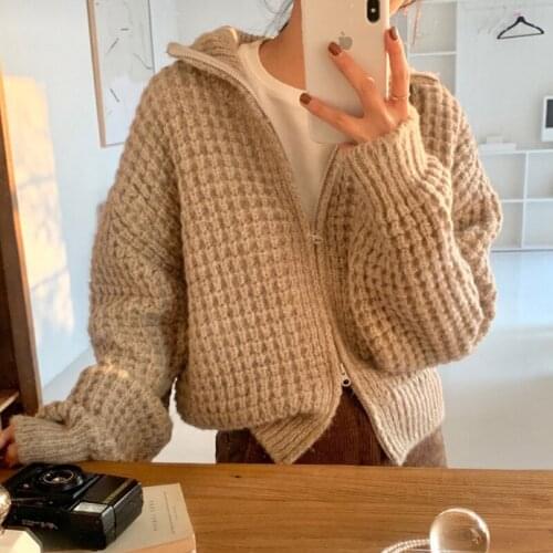 Autumn Winter Vintage Knitted Short Cardigan Sweater Women 2021 Zipper Lapel Collar Full Sleeve Thick Crochet Outerwear