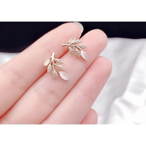 JUWANG Luxury 14 k Real Gold Filled Stud Earrings For Women Fine Jewelry Vintage Zircon Leaves Style Earrings Pendientes Mujer