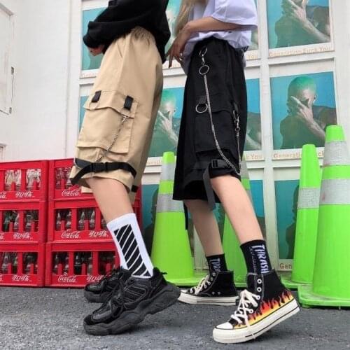 Cargo Shorts Womens with Chain Overalls Student Streetwear Woman Korean Loose Female Wide Leg Knee Length Pants Cropped Fashion