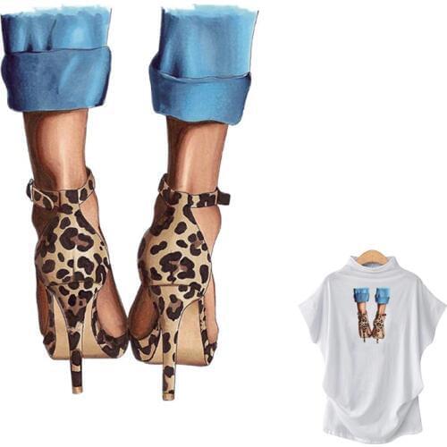 Leopard High Heels Ironing Stickers Girl Heat Transfer Washable Stripe Eco-Friendly Clothing Stickers Diy T-Shirt Appliques