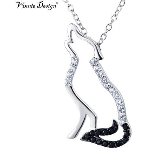Vinnie Design Jewelry Black White CZ Crystal Wolf Pendant Necklace For Women Men