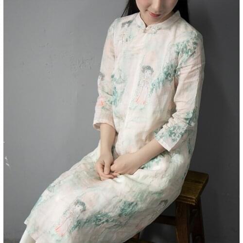 Vintage Slant Frog Buttons Stand Collar Girl Print Pure Ramie Dress, Elegant Classic Chinese Cheongsan Style Slim Fit Beige Robe