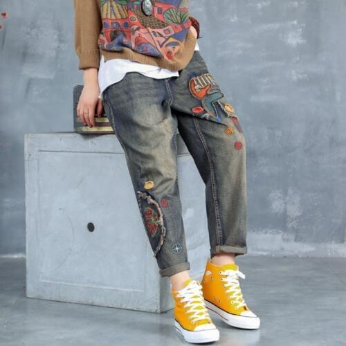 Vintage Women Cartoon Spliced Embroidery Jeans Female Long Elastic Waist Denim Harem Pants Retro Casual Loose Fit Jeans Trousers
