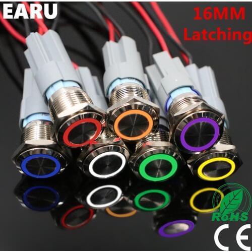 16mm Waterproof Power Press Metal Push Button Switch Latching Self-Lock Fixation LED Light 3V 5V 6V 12V 24V 220V Red Blue Green