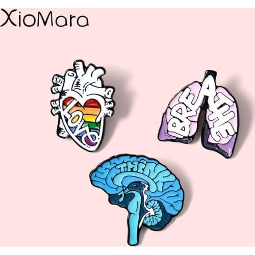 Organ Human Heart Lung Brain Enamel Pin Love Breath Mind Medical Anatomy Jewelry Brooches For Doctor Nurse Lapel Pins Badge