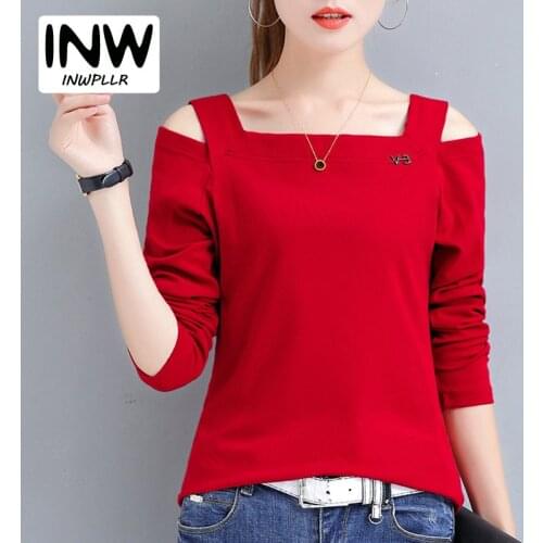 2019 Fashion Tshirt Women Open Shoulder Tops Tees Red Plus Size T-shirt Poleras Mujer Autumn Long Sleeve Women Tshirt S-3XL