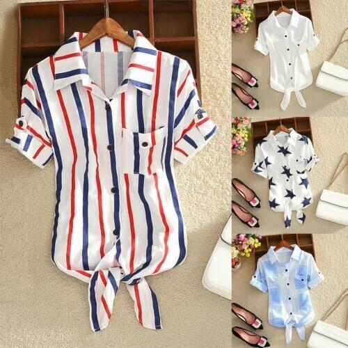 Fashion Women Casual Stripe Star printingTie Knot Short Sleeve Button Up T-shirt Blouse Sunscreen Top