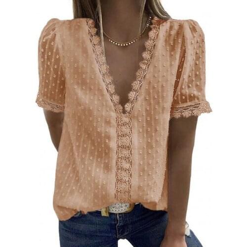 Solid Pink White Patchwork Lace Women T-shirt Summer Fashion Short Sleeve Vintage Elegant Casual V-neck Chiffon Ladies T-shirts