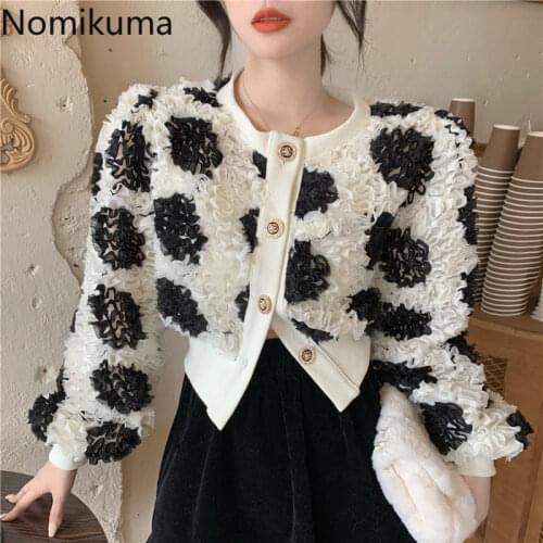 Nomikuma 3D Hit Color Flowers Women Jacket Long Sleeve O-neck Causal Coat 2021 New Single Breasted Elegant Outerwear Tops 6E098