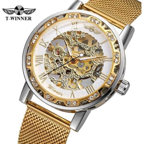 T-WINNER Mechanical Monterey homme Manual Winding Mens Watch Mesh Stainless Steel Strap Mens Business Watch