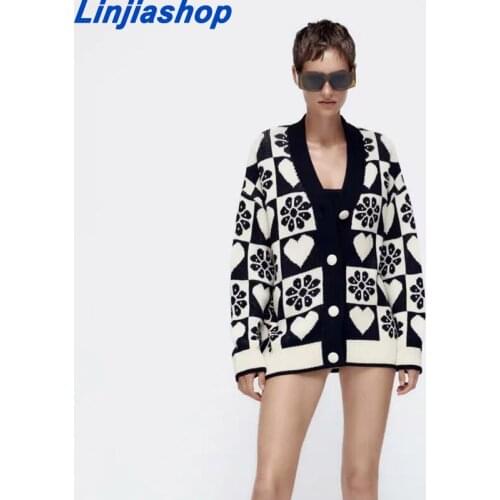 Autumn new womens clothing fashion sweater heart-shaped jacquard retro V-neck knitted coat cardigan
