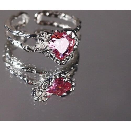 Cute Real 925 Sterling Silver Pink Crystal Rings For Women Wedding Gifts Jewelry, Sweet Irregular Heart Ring Woman Accessories