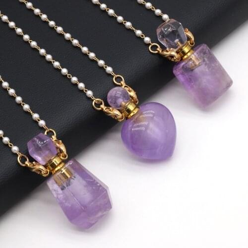 Natural Stone Crystal Perfume Bottle Pendant Ladies Necklace Pearl Beads Chain Amethysts Aromatherapy Essential Oil Vial Jewelry