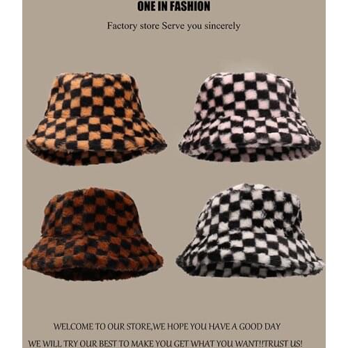 Faux Fur Winter Bucket Hat For Women Fashion Retro Lattice Soft Warm Fishing Cap Outdoor Foldable Hat Fisherman Hat