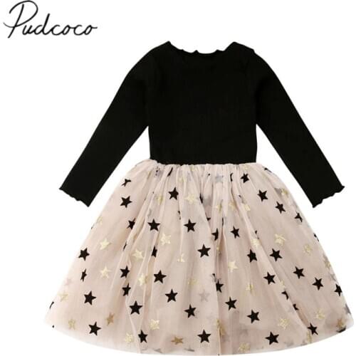 2019 Baby Spring Autumn Clothing Kids Baby Girls Lace Stars Princess Tulle Party Pageant Dresses Long Sleeve Gown Size 2-7Y