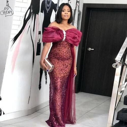 Aso Ebi Style Lace Mermaid Evening Dress Off shoulder Short Sleeves Mermaid Prom Dresses Nigerian Formal Party Gowns Plus Size