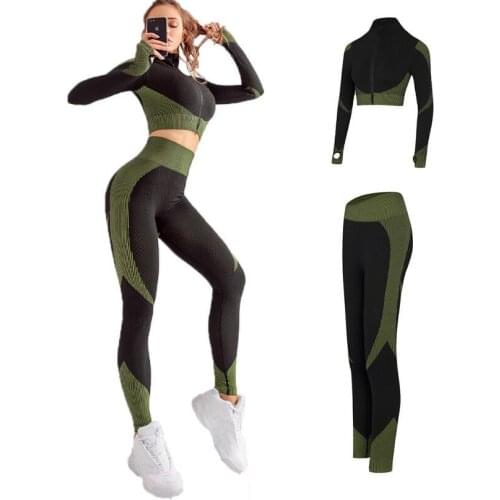 Seamless sports yoga suit short zip sports long sleeve hip stretch fitness pants set 2 piece set women