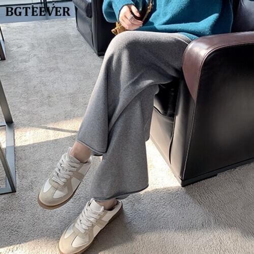 BGTEEVER Autumn Winter Loose Female Solid Sweater Pants Elastic Waist Lace-up Women Knitted Wide Leg Pants 2020 Casual Trousers