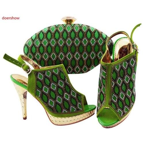 Doershow italian shoes and bag set wholesale 2019 lime green color for wedding shoes and matching purse for women party!!SWD1-9