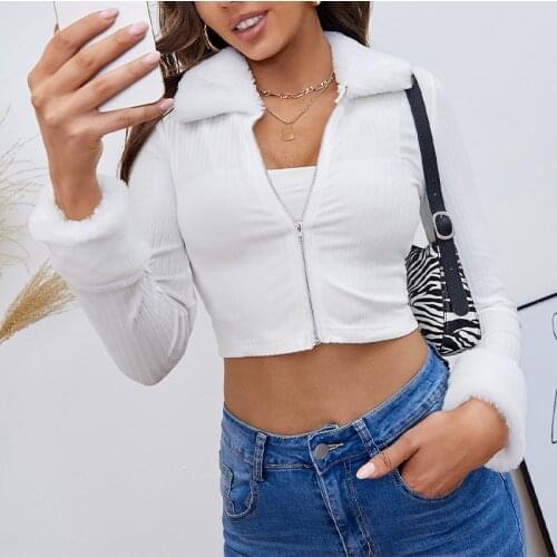 Knitted Cropped Cardigan Womens Coat Cotton Fur Collar Zipper Patchwork Long-sleeved Coats Female 2021 Autumn Lady Causal Top