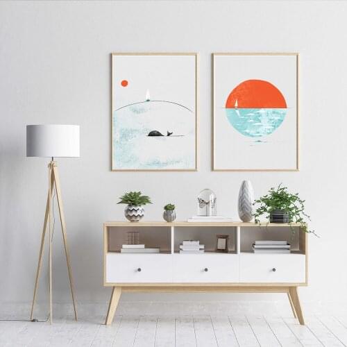 Whale Canvas Painting, Scandinavian Sea Wall Picture,Orca Poster , Ocean Scenery, Sailing Boat on Sunrise, Nautical Decoration