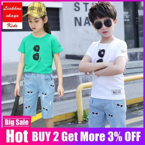 Liakhouskaya High Quality Teenage Girl Clothing Set For Boys 2019 Fashion Summer Glasses Shirt +Denim Pant Children Kids Clothes
