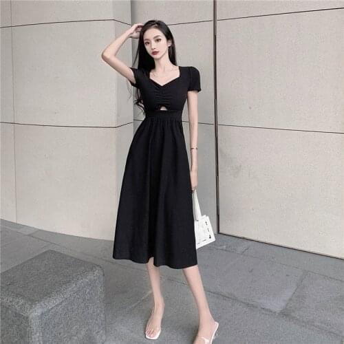 Real Shot 2021 New Summer Fashion Korean Casual temperament Sexy Short-Sleeved Black Hollow Dress