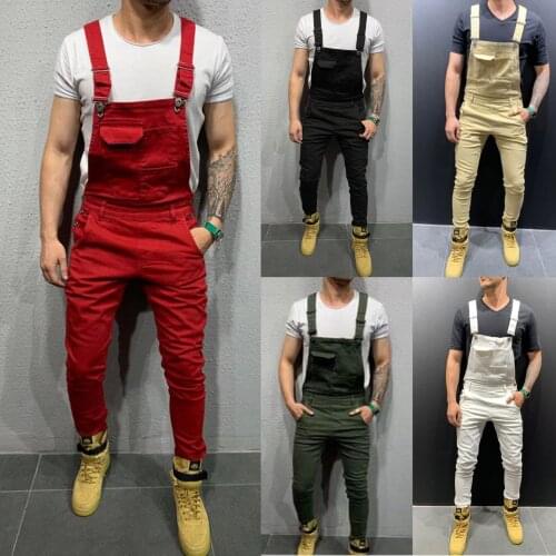 The New Denim Strappy Pants Slimmed Mens Trousers Europe and America Solid Color Jeans Men Casual Denim Overalls Button