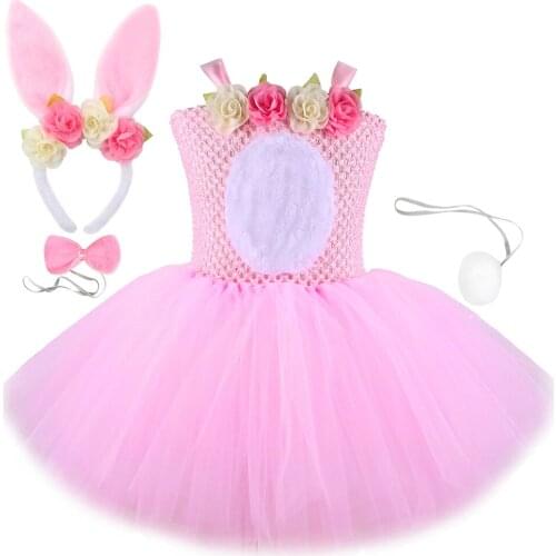 Flower Easter Bunny Tutu Dress for Baby Girls Rabbit Halloween Costume for Kids Toddler Animal Cosplay Dresses Girl Tulle Outfit