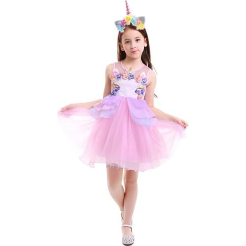 2pcs Set Girls Princess Dress + Headband Unicorn Halloween Cosplay Costume Dress for Kids Sleeveless Party Birthday Tulle Dress