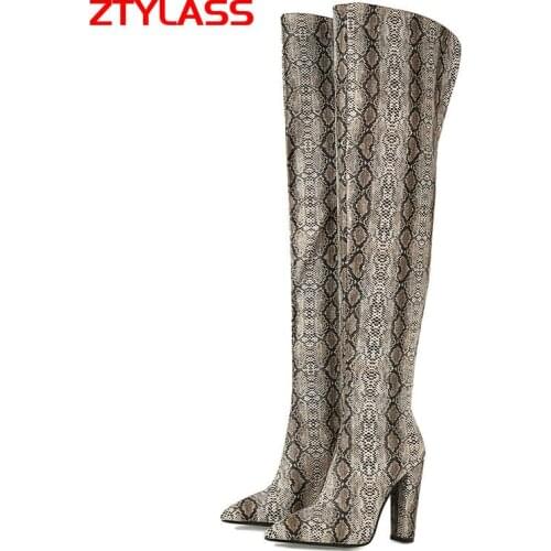 Snake Leopard Women Boots Fashion Square High Heel Knee High Boots Pointed Toe Zipper Autumn Winter Shoes Big Size 34-43