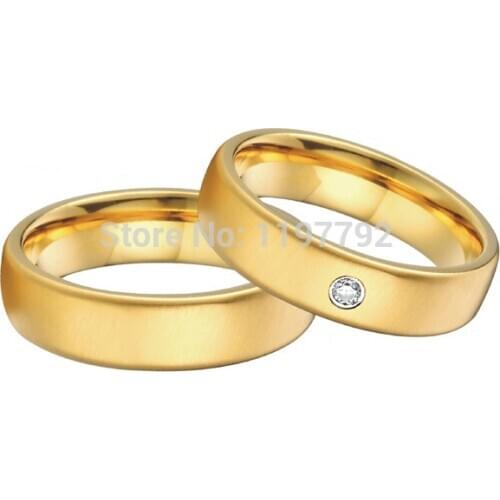 Tailor made his and her rings yellow gold color health titanium steel engagement ring jewelry wedding bands sets