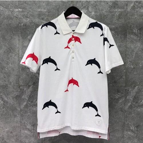 2021 Fashion Brand Shirts Men Casual Slim Cotton shirt Summer Short Sleeve Dolphin Pattern White Polo Clothing