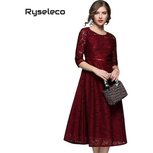 Ryseleco 2018 Autumn Fashion Women Flare Lace Dress Floral Elegant Hollow Out Slim Office Party Casual A-Line Midi Swing Dresses