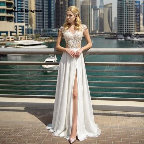 Vintage A Line Wedding Dresses Boho Short Cap Sleeve Simple Chiffon Lace Bridal Gown Sexy Slit Beach Bridal Dress Robe de mariee