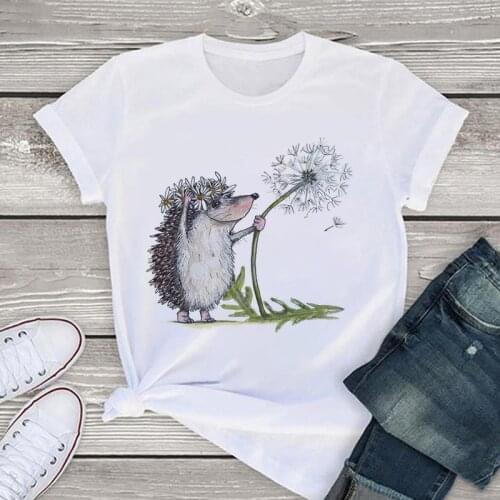 Women Tshirt Summer Hedgehog and Dandelion Print Top Female T Shirt Harajuku Summer Casual O-neck T-shirt Ladies Tee Clothing