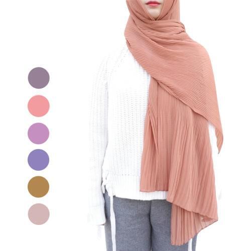 One piece women wraps long shawls muslim crinkle ruffle hijabs solid plain pleated chiffon hijab scarf
