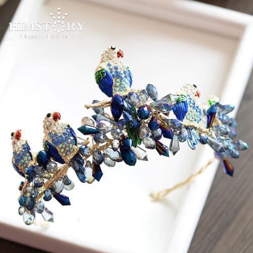 Himstory High-End Retro European Bird Parrot Shape Brides Hairband Crown Blue Crystal Bridal Headbands Wedding Hair Accessoies