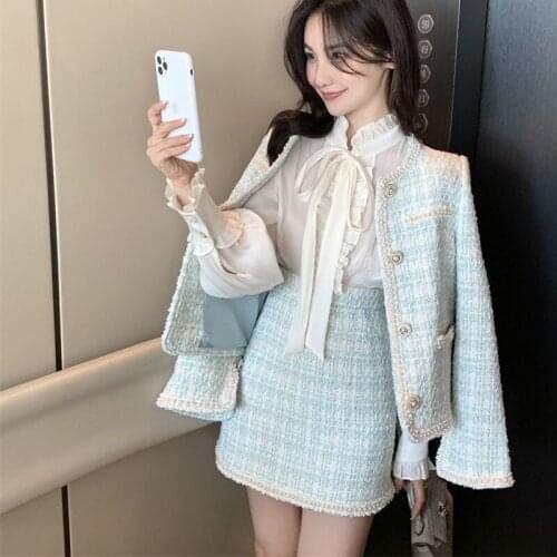 High Qualtiy Fall Winter Sweet Tweed Beading Womens Jacket Coat Top + High Waist Mini Skirts 2 Pieces Set Suits