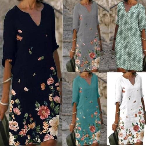 Floral Vintage Printing Loose 2021 Summer Elegant Casual Short-sleeved Female Midi Dress V-neck A-line Half Sleeve Women Dresses