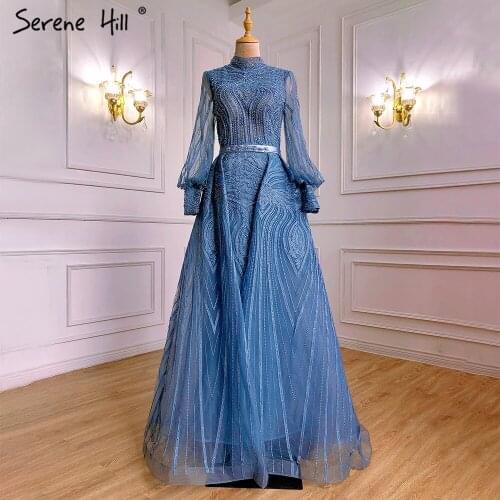 Muslim Grey Over Skirt Long Evening Dresses Gowns 2021 Mermaid Elegant Beaded For Woman Party Night Serene Hill