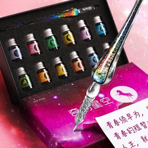 13 Pcs/Set Handmade Rainbow Glass Pen Glitter Gradient Dip Pen 12 Colors Ink Gift Box Writing Painting Calligraphy Stationery
