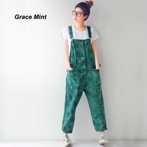 Womens Fashion Overalls Coconut Tree Print Denim Pants Women Casual Cotton Overalls Pants M/L
