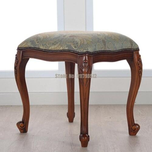 American carved makeup stool square stool mahogany solid wood makeup stool French dressing stool Guzheng stool adult piano stool