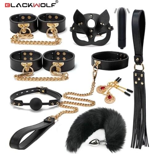 BLACKWOLF Sex Toys For Women BDSM Bondage Kits Genuine Leather Restraint Set Handcuffs Collar Gag Vibrators Couples Adult Games