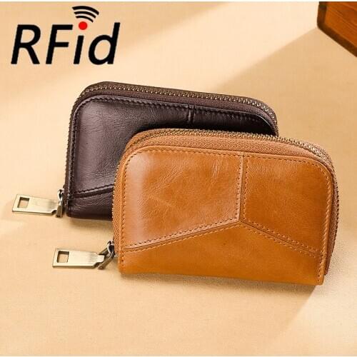 Genuine Leather Men Card Holder Patchwork Credit Card Holder Solid Women Card Wallet Casual Zipper Coin Purse Black Brwon